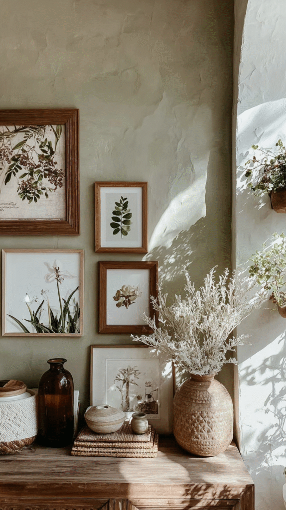 Wall with framed botanical prints, wicker decor, and pottery on a wooden table in natural light.