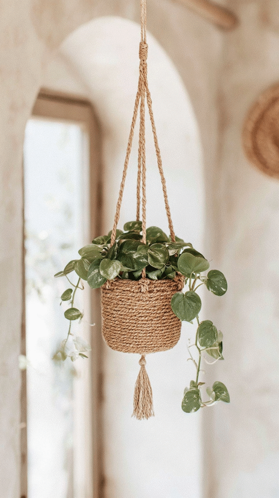Hanging basket with green plant in a woven holder, adding natural decor to a cozy, airy room.