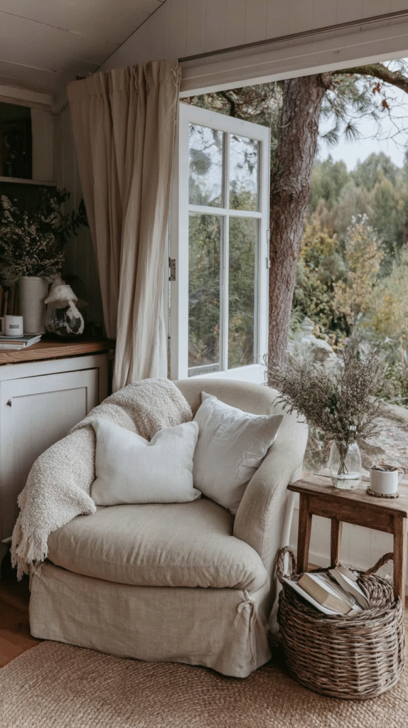 Cozy reading nook with beige armchair, window view, and rustic decor. Serene and inviting atmosphere.