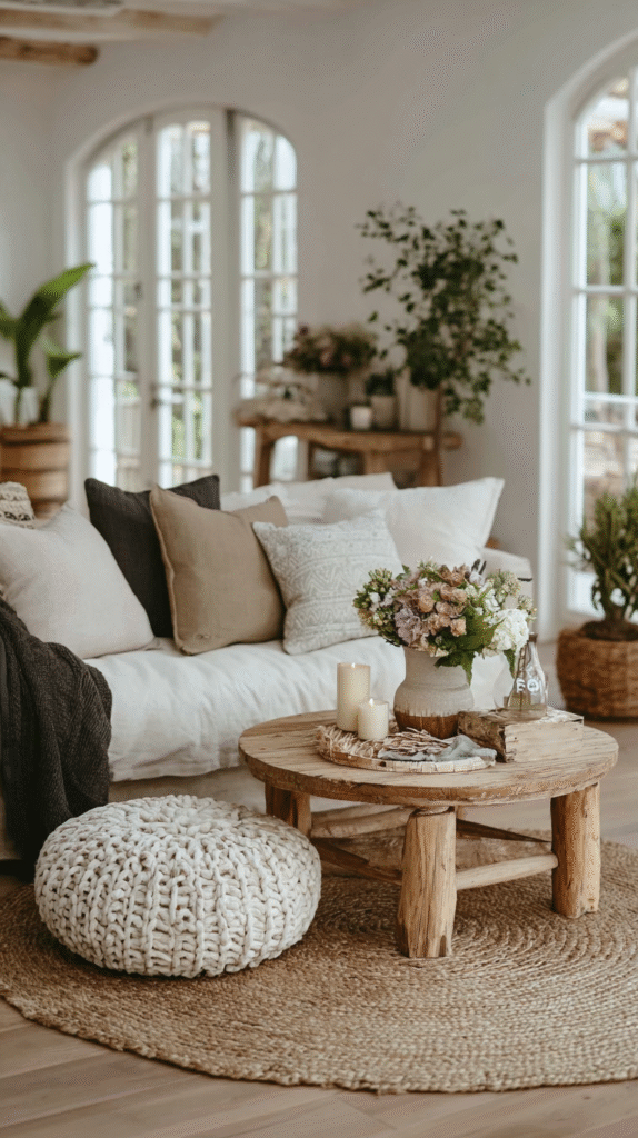 affordable-modern-organic-swaps-jute-rug Cozy living room with a white sofa, wooden coffee table, knitted pouf, and indoor plants by a large window.