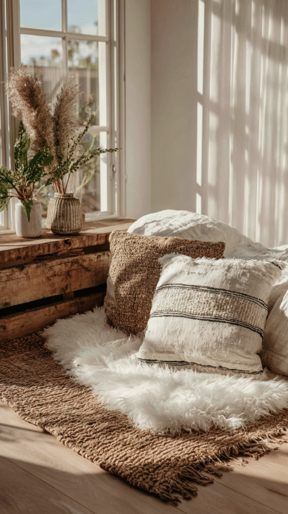Cozy bohemian bedroom with rustic wooden bench, fluffy pillows, and natural decor in sunny window light.