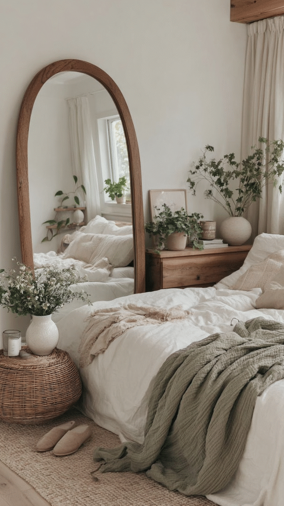 Cozy bedroom with large mirror, plants, and soft bedding. Warm, natural decor creates a serene, inviting atmosphere.