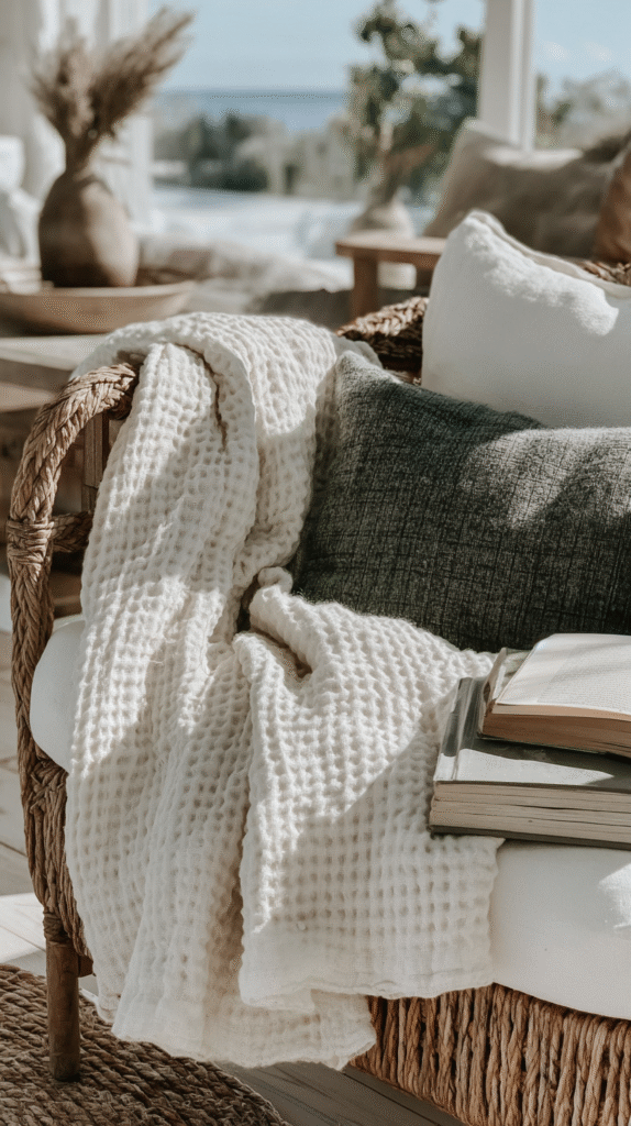 Cozy armchair with textured throw blanket, pillows, and a stack of books in a sunlit room with ocean view.