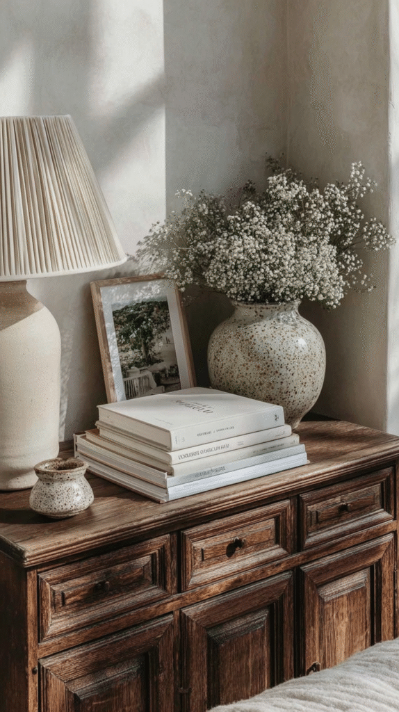 Cozy vintage table decor with books, vase of flowers, and a lamp, creating a warm and inviting atmosphere.