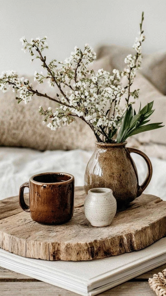Rustic vase with blooming white flowers, next to a coffee cup and small vessel on a wooden roundel. Cozy decor setting.