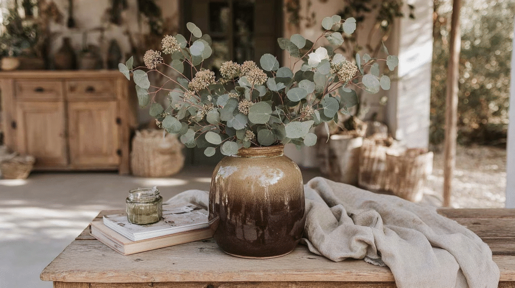 Rustic vase with eucalyptus on wooden table, cozy outdoor setting, natural decor.