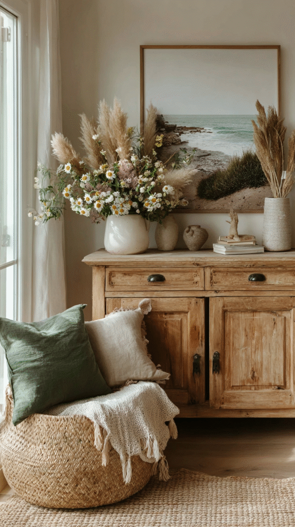 bring-nature-indoors-art Cozy rustic boho decor with wooden cabinet, pampas grass, daisies, coastal art, and pouf with pillows.