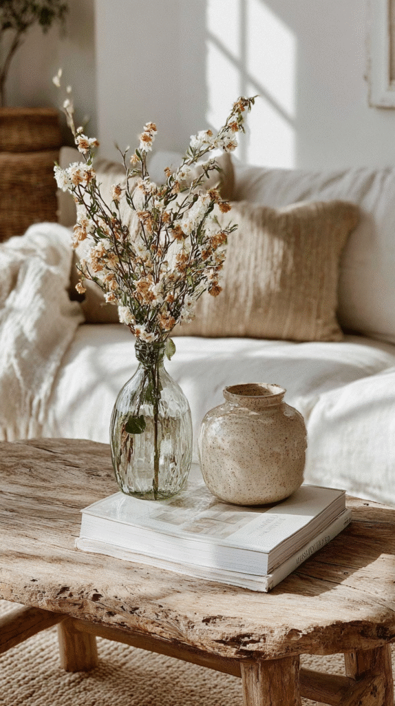 bring-nature-indoors-branches Rustic coffee table with floral vase and pottery in cozy living room setting.