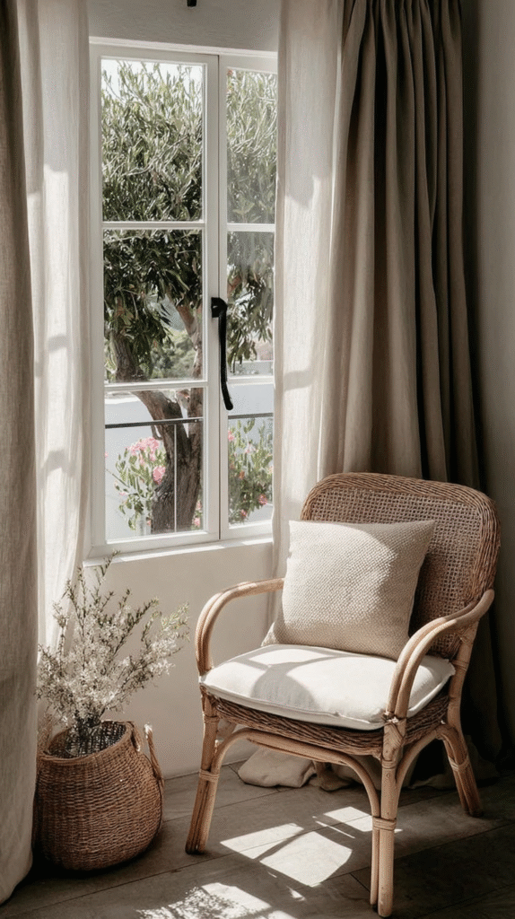 bring-nature-indoors-light Cozy room with rattan chair, sunlight streaming through window, and greenery outside, creating a serene atmosphere.