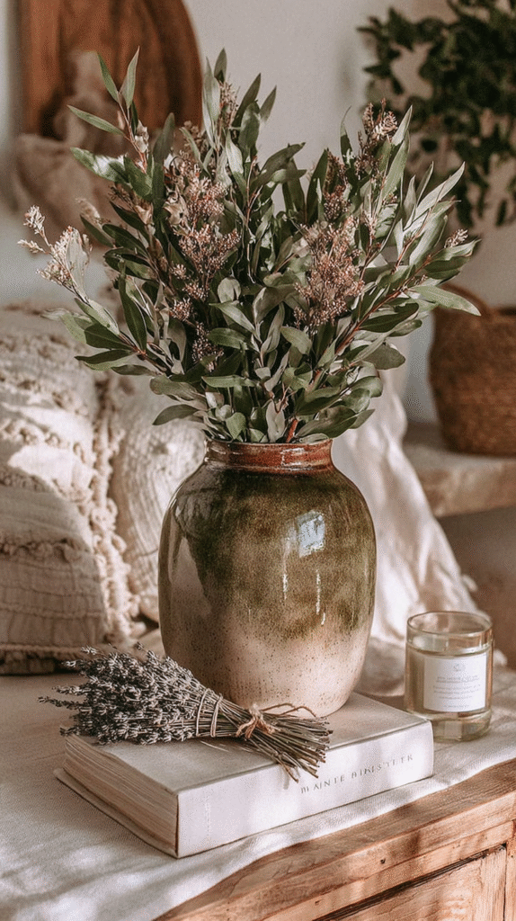 bring-nature-indoors-scent Rustic vase with greenery on cozy table setup, featuring dried lavender, a candle, and a book.