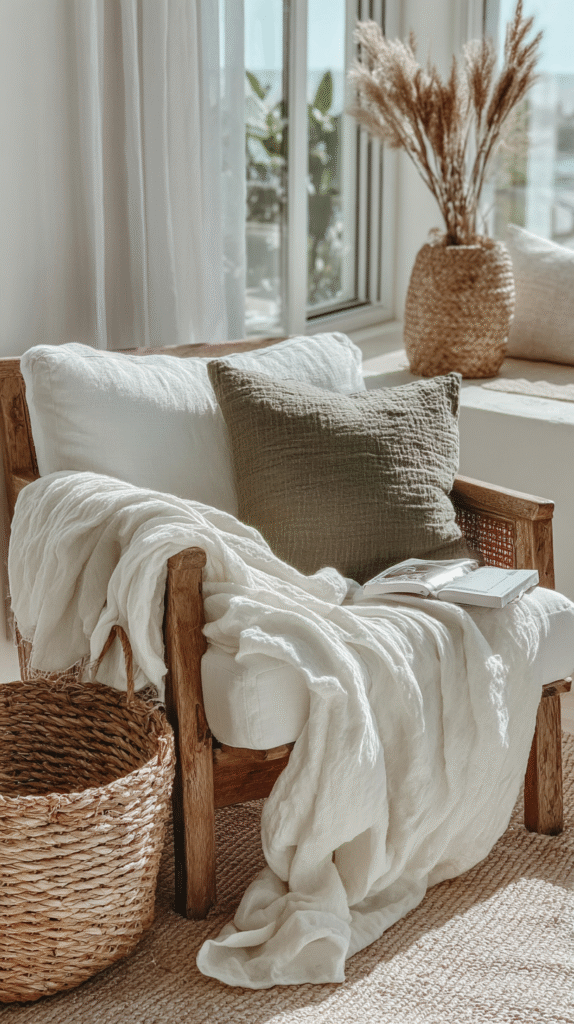 bring-nature-indoors-textures Cozy chair with cushions, draped blanket, basket, and natural light from a window in a serene living space.