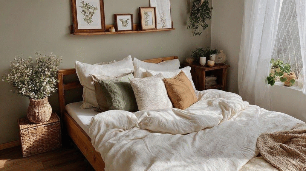 Cozy bedroom with earthy decor, wooden bed, and green plants by a sunlit window.