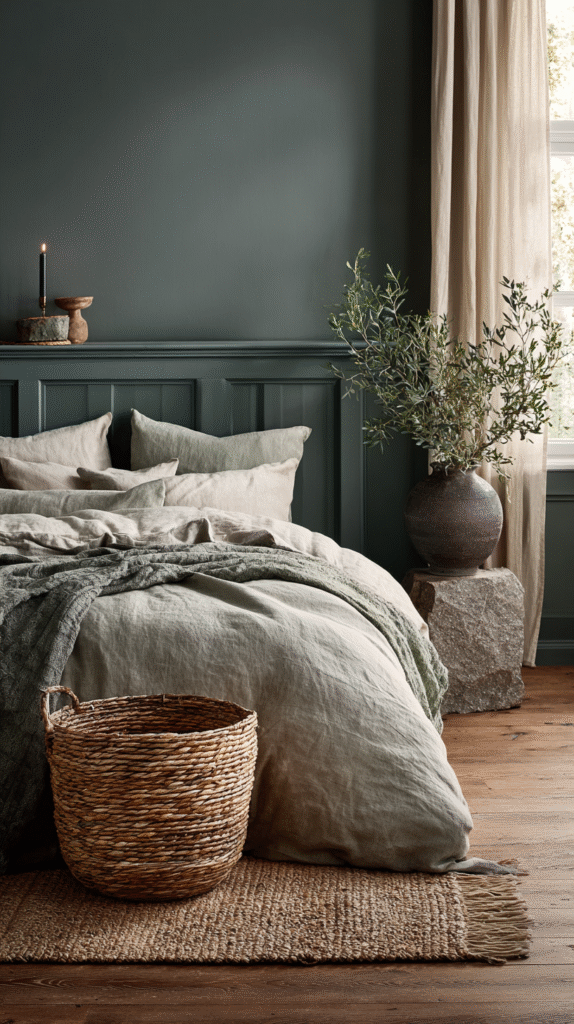 Cozy bedroom with green bedding, wicker basket, candle, and olive plant on wooden flooring.