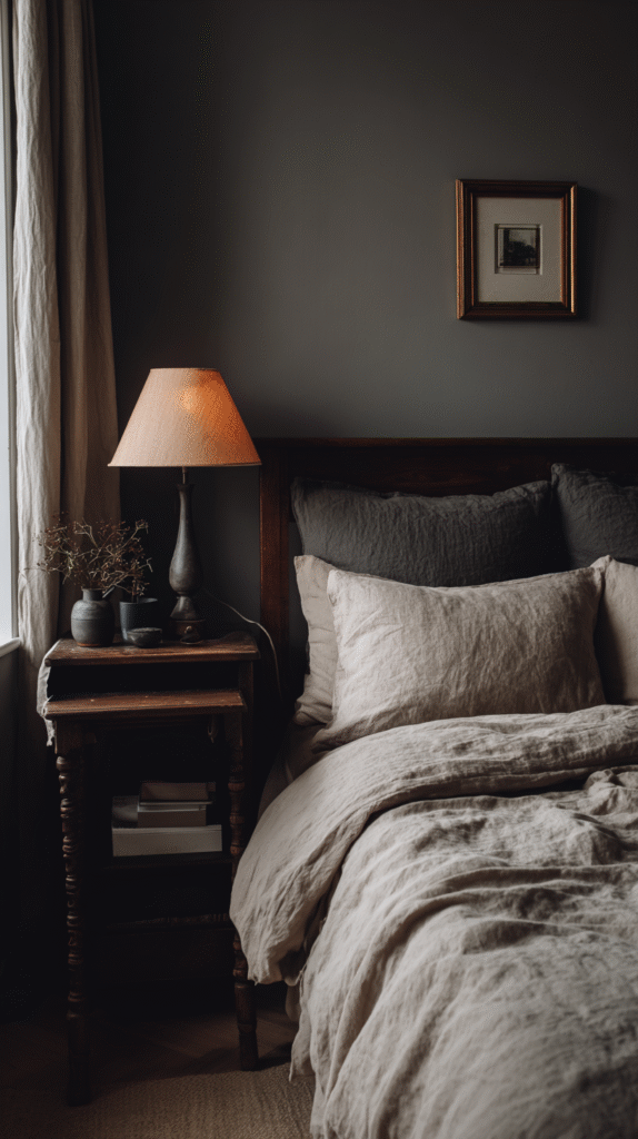 Cozy bedroom with a wooden nightstand, soft linens, and a warm lamp for a rustic, inviting atmosphere.