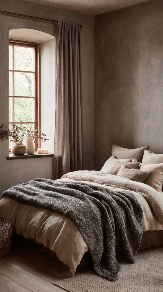 Cozy minimalistic bedroom with neutral bedding, soft pillows, and a warm throw in natural light.