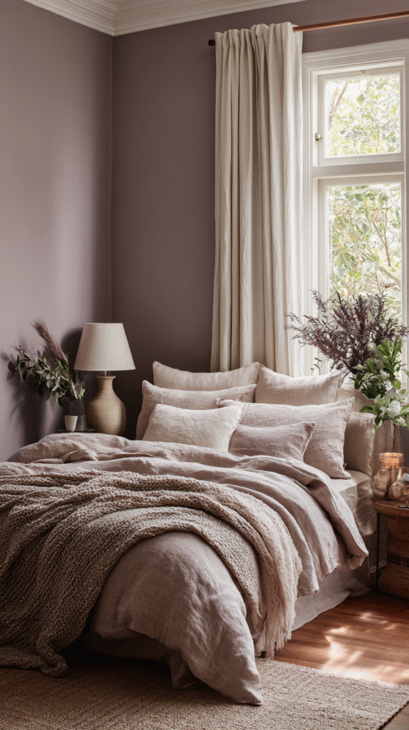 Cozy bedroom with earthy tones, linen bedding, soft lighting, and decorative plants beside a window.