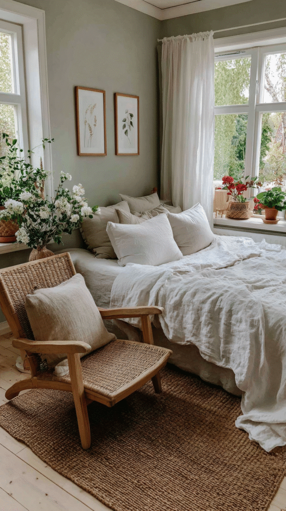 Cozy bedroom with white linens, wicker chair, potted plants, and nature-themed decor near large windows.