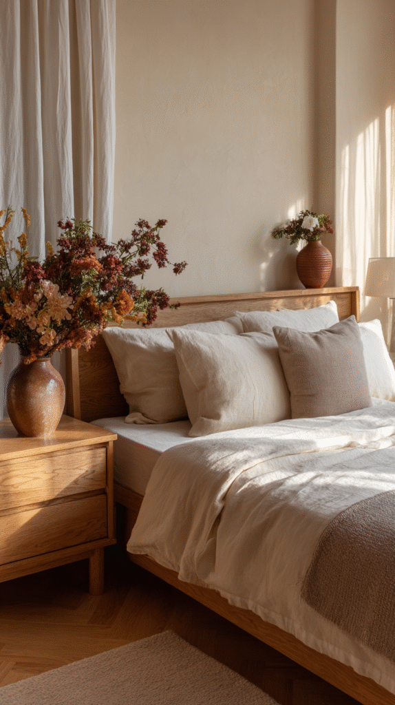 Cozy bedroom with a wooden bed, soft linens, and sunlight streaming through the window, accented by floral arrangements.