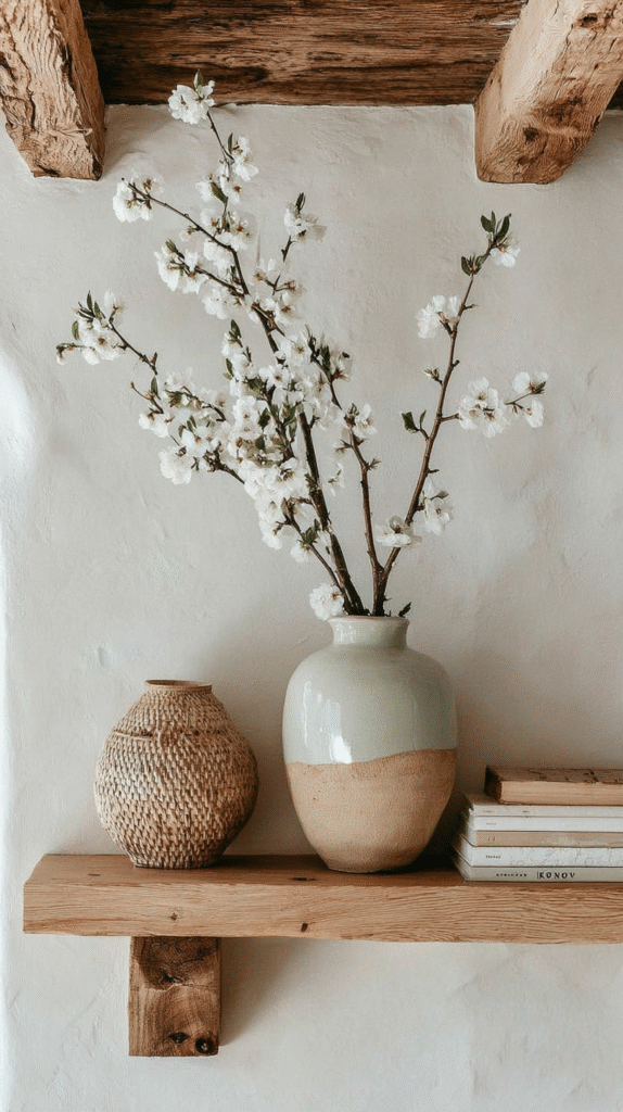 Ceramic vase with blooming white flowers on rustic wooden shelf, accompanied by woven basket and stacked books.