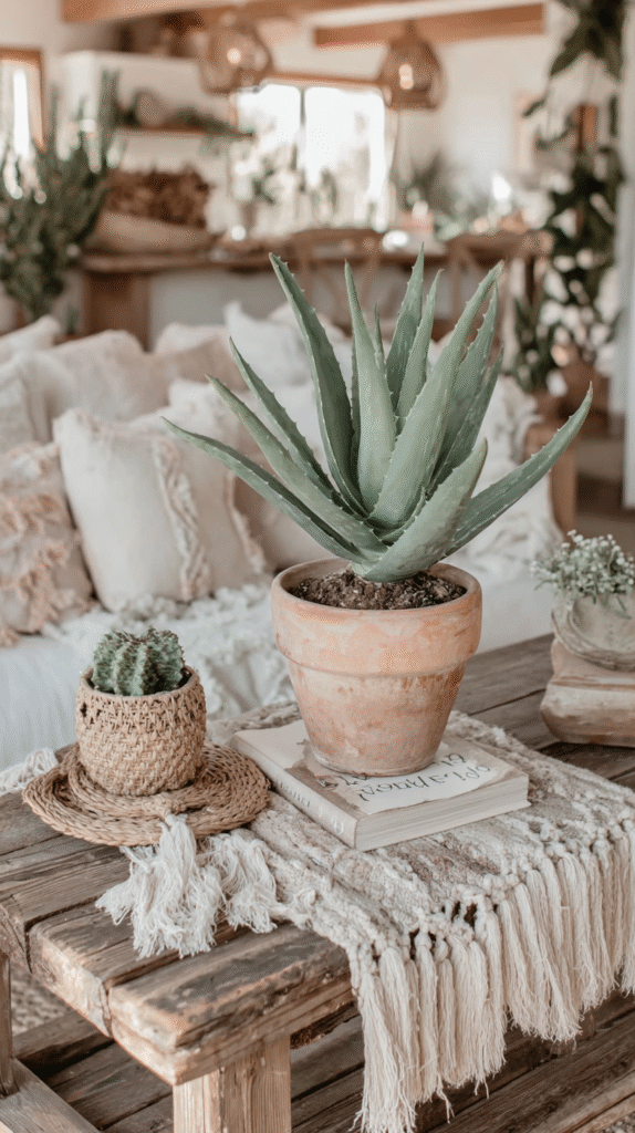 easiest-indoor-plants-aloe Cozy living room with aloe plant on wooden table, decorative pillows, and soft textures creating a warm, inviting atmosphere.