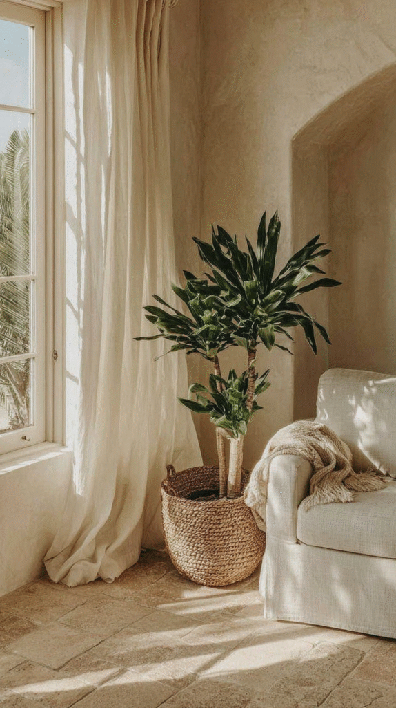 easiest-indoor-plants-dracaena Cozy living room with a potted plant near a sunlit window, beige sofa, and soft throw blanket.