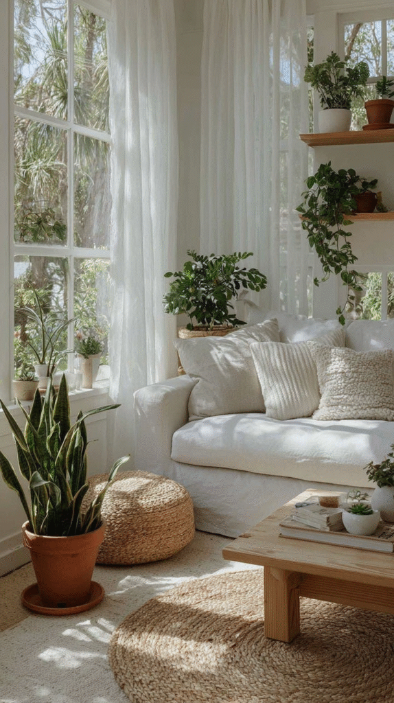 easiest-indoor-plants-greenery Bright, cozy living room with white sofa and green houseplants, bathed in natural light from large windows.