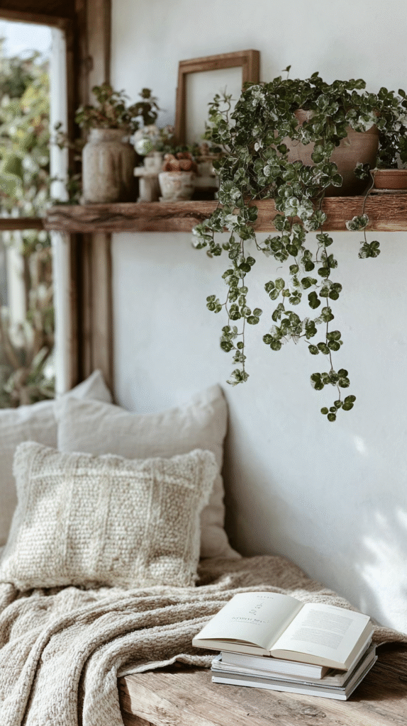 easiest-indoor-plants-hoya Cozy nook with potted plants, comfy pillows, and an open book on a wooden table by the window.