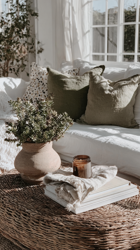 easiest-indoor-plants-jade Cozy living room with green pillows, potted plant, stack of books, and a candle on a woven table.