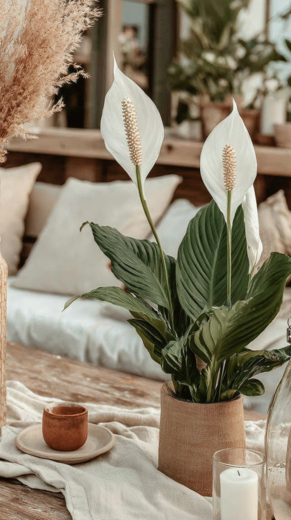 easiest-indoor-plants-peace-lily Peace lily in a cozy rustic setting on a wooden table, surrounded by soft textures and natural decor elements.