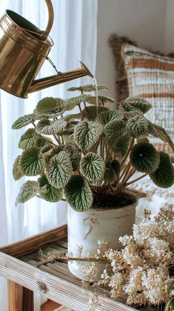 easiest-indoor-plants-pilea Watering green houseplant in ceramic pot on a wooden table with a brass watering can.