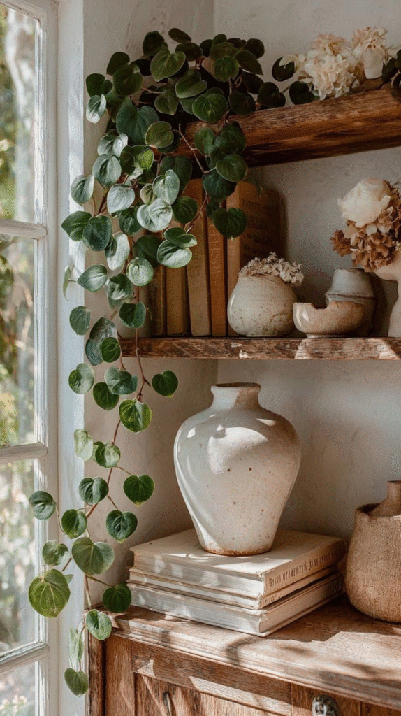 easiest-indoor-plants-pothos-plant Cozy shelf with trailing plant, ceramic vases, and books by a sunlit window, creating a warm and inviting atmosphere.