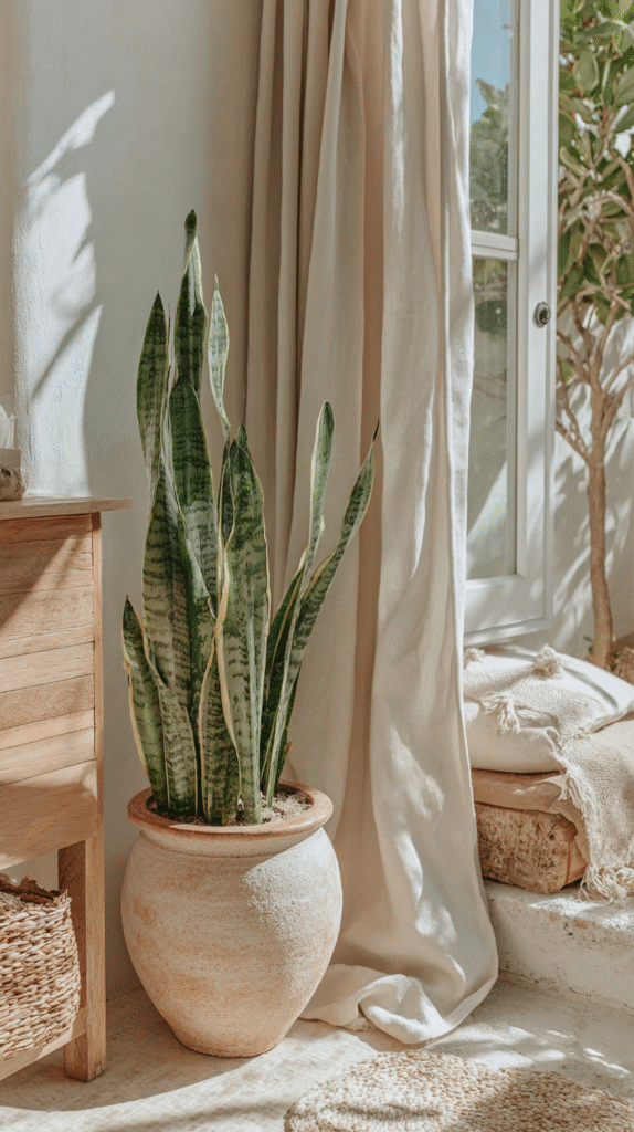 easiest-indoor-plants-snake-plant Indoor snake plant in a rustic pot by a bright window with natural light filtering through beige curtains.