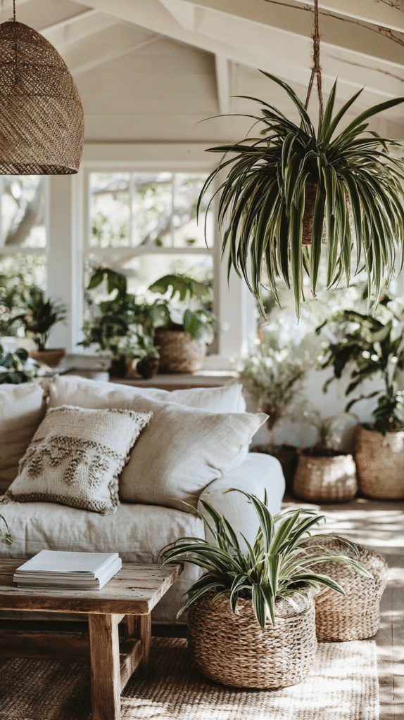 easiest-indoor-plants-spider-plant Cozy living room with lush spider plants, natural decor, and warm sunlight. Perfect for relaxation and tranquility.
