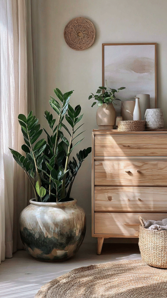 easiest-indoor-plants-zz-plant Modern room with large green plant in ceramic pot, wooden dresser, woven decor, and natural light from a window.