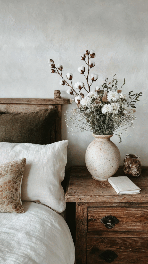 Rustic bedroom with a large vase of cotton and flowers on a wooden nightstand beside cozy pillows and linens.