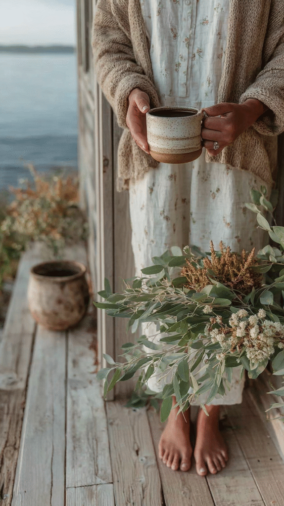 Cozy morning by the sea, person holding coffee mug, wearing sweater and floral dress, surrounded by greenery.