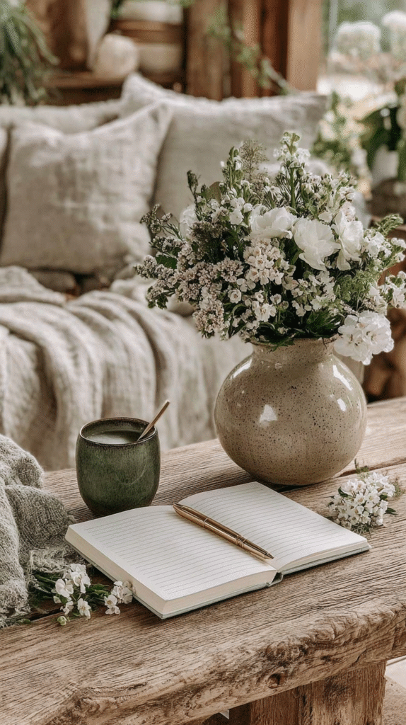Cozy interior with flowers, a notebook, and a coffee cup on a rustic table for a serene writing nook ambiance.
