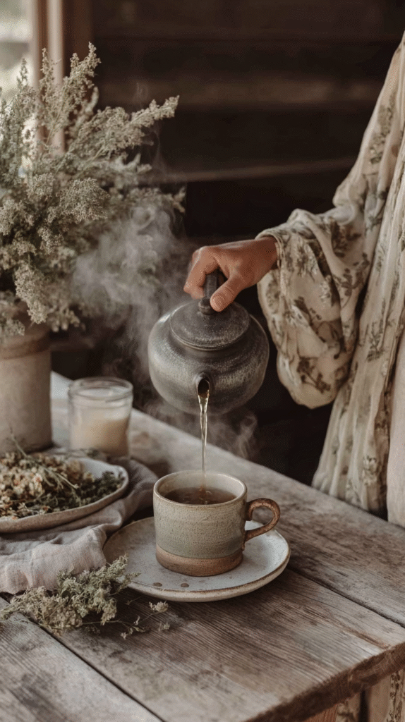 easy-slow-living-habits-tea Pouring hot tea into a rustic cup with dried herbs and flowers on a wooden table for a cozy setting.