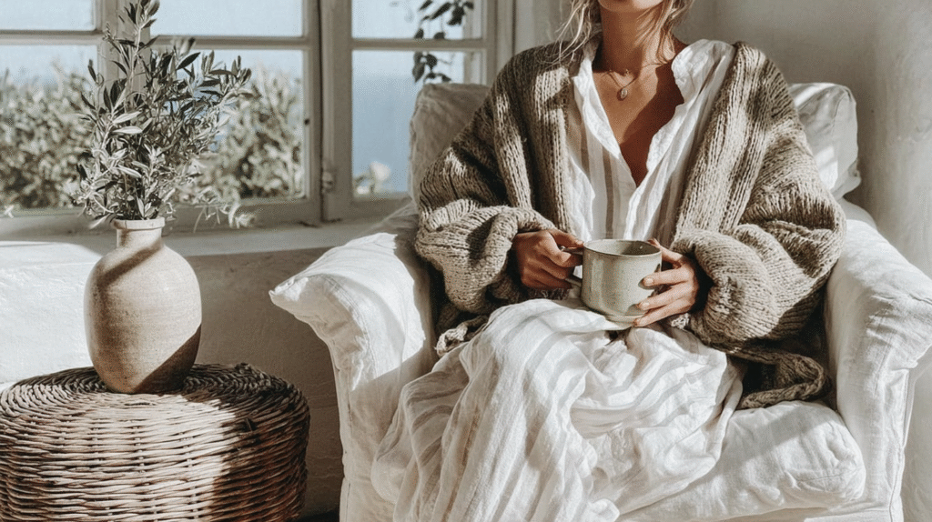 a woman in a linen dress and cardigan sits in an easy chair with a mug of tea