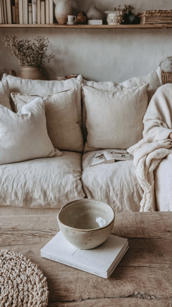 a single bowl and book sit on a wooden coffee table
