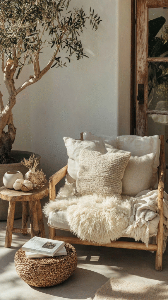a cozy corner with an easy chair, end table and pillows