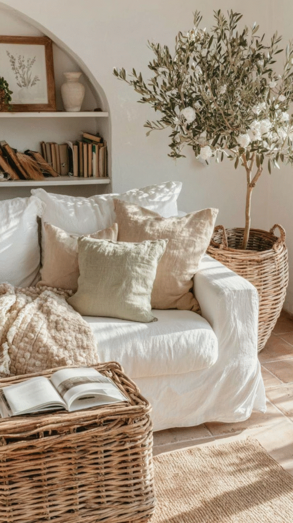 an olive tree in a pot near a sofa in a peaceful living room