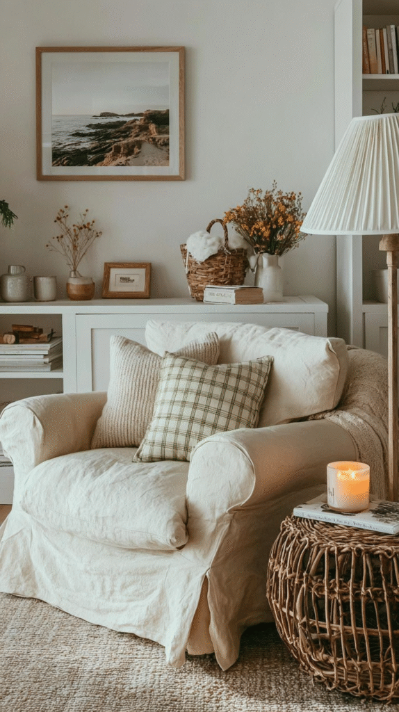 an easy chair with a burning candle in the early evening light