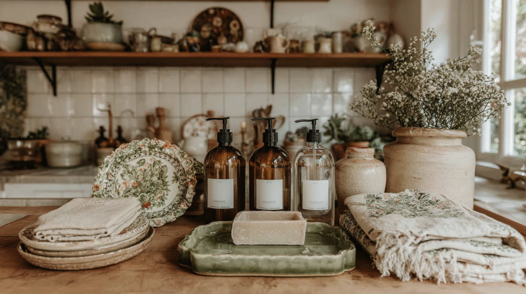 Rustic kitchen decor with soap dispensers, floral plates, and linen towels on wooden counter, enhancing cozy ambiance.
