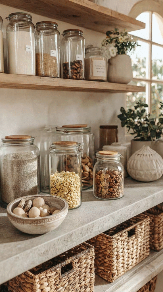 eco-friendly-home-you-love Rustic kitchen shelf with glass jars and woven baskets for organized pantry storage.