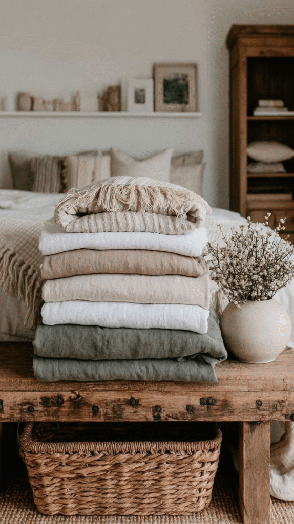 eco-friendly-home-you-love-blankets Stack of folded linens on rustic wooden bench with a vase of flowers, in cozy bedroom setting.