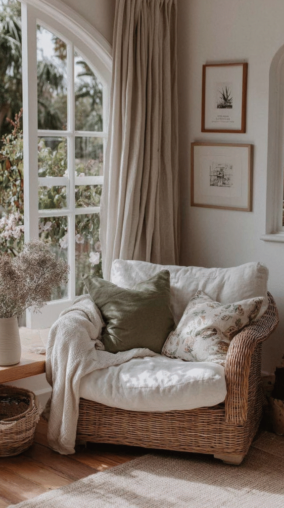 eco-friendly-home-you-love-linenp-curtains Cozy wicker armchair with green cushions by a sunny window, adorned with floral prints and soft beige curtains.