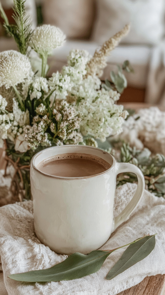 eco-friendly-home-you-love-mug Creamy coffee in a white mug surrounded by soft white flowers and greenery for a cozy atmosphere.