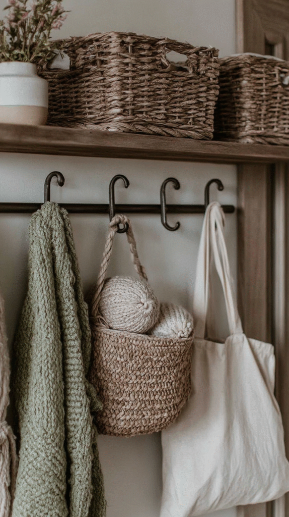 eco-friendly-home-you-love-totes Woven baskets and knitted items on hooks for rustic home decor organization.