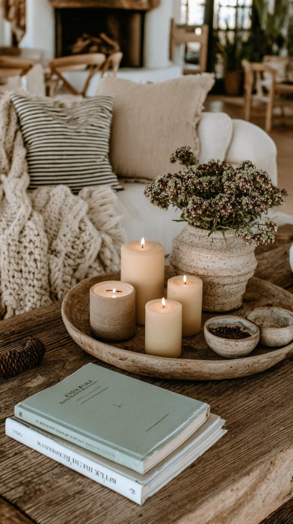 fall-slow-living-habits-candles Cozy living room scene with candles, a vase of flowers, and books on a rustic wooden table, evoking warmth and relaxation.
